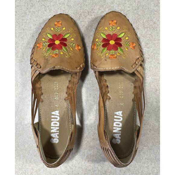 Sandua Women's Floral Embroidered Flats Size 7 Mexican Sandals Brown Leather - Picture 4 of 11